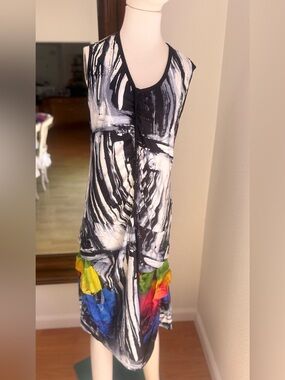 Aimee Leon Dore Black and White Striped Dress with Multicolor Trim